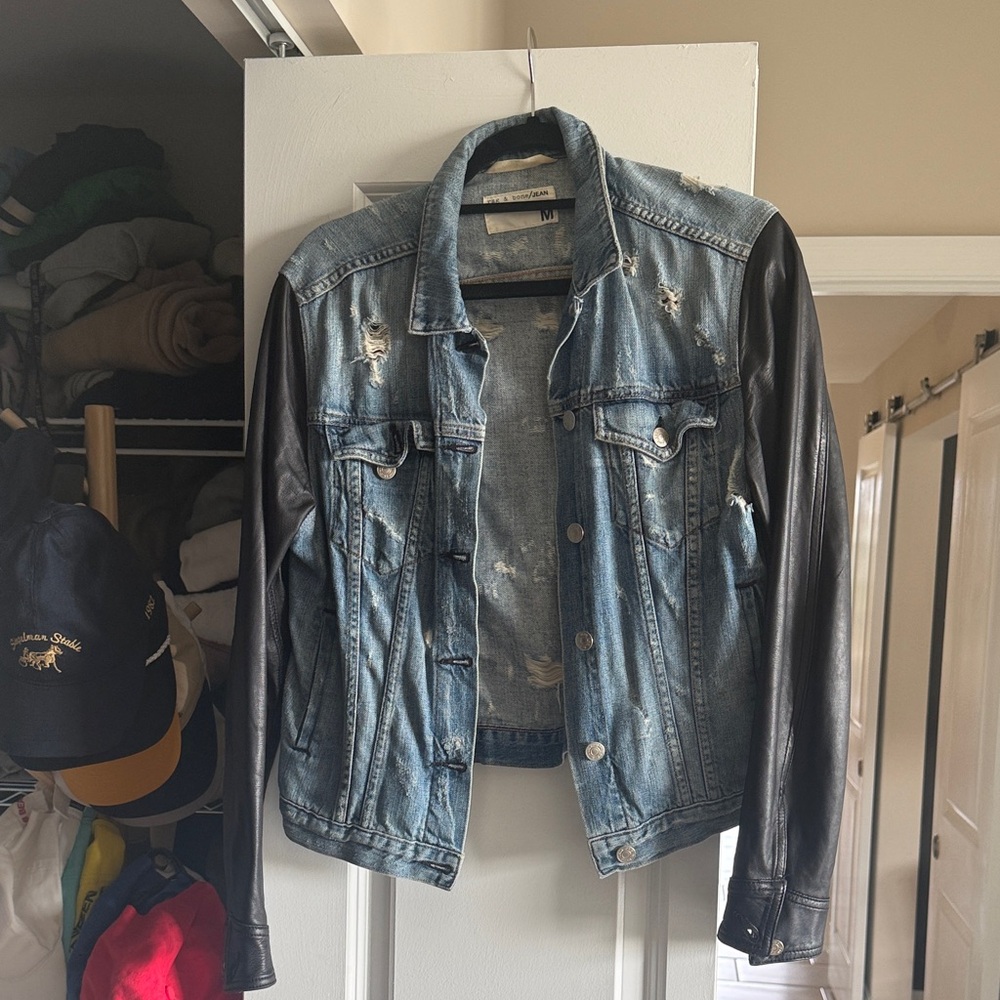 rag & bone Blue Denim Jacket with Black Leather Sleeves
